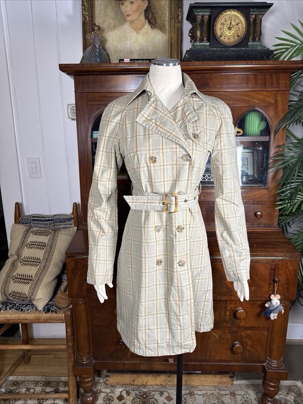 Vintage SISLEY Plaid Trench Coat Belted Double Breasted Jacket Beige Tan Sz M